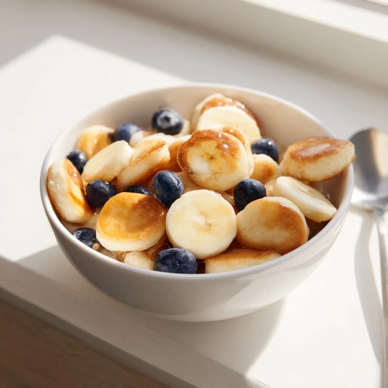 Adorable bite-sized mini pancake cereal drizzled with honey and fresh fruit toppings.