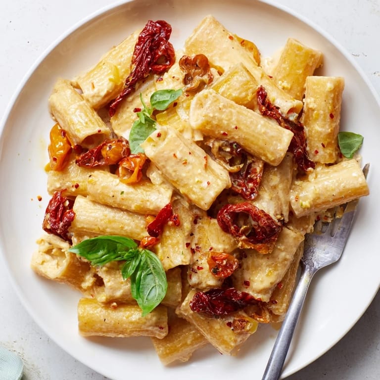 Delicious Baked Feta Pasta 2.0 served warm with fresh basil and olive oil drizzle.  