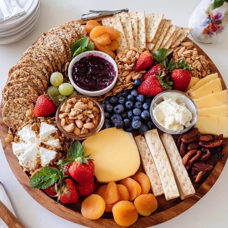 Colorful jam-infused brunch board inviting guests to savor a variety of sweet spreads and fruits.