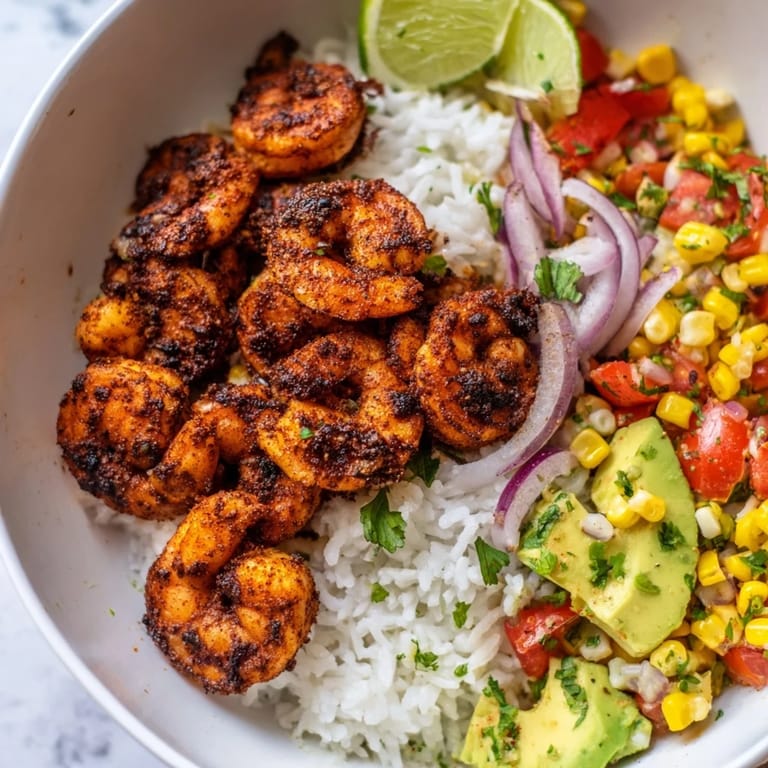 Vibrant blackened shrimp bowl garnished with fresh corn salsa and lime wedges.