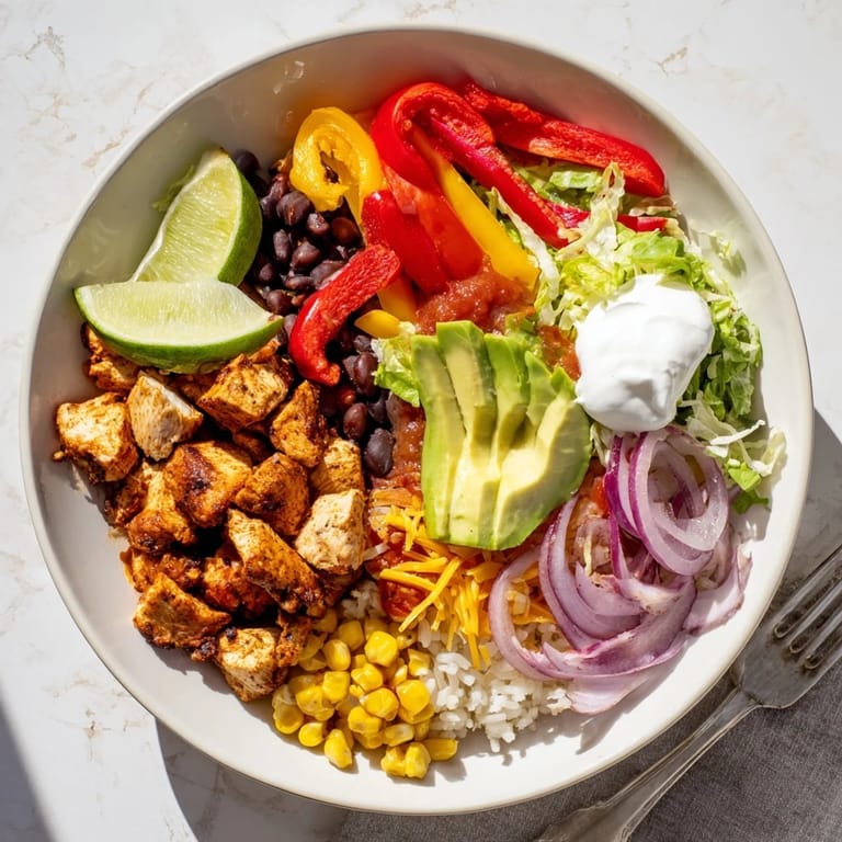A vibrant Sheet Pan Chicken Burrito Bowl, brimming with fresh toppings and spices.  