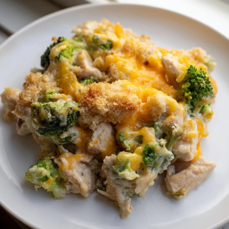 Comforting Chicken & Broccoli Cheddar Bake, bubbling with cheese and tender chicken pieces.  