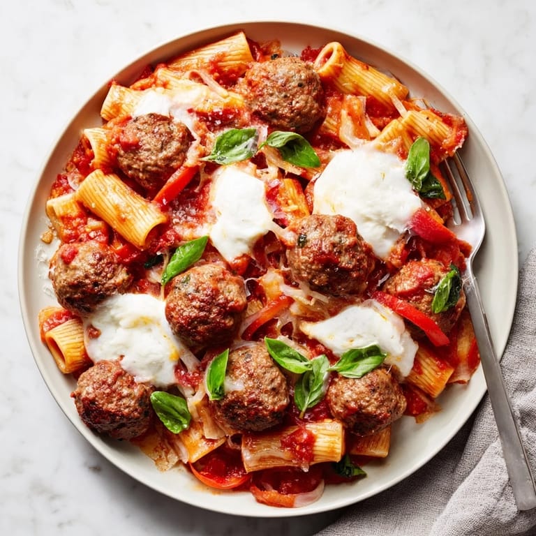 Savor the Italian Meatball Pasta Skillet with tender meatballs in rich tomato sauce.  