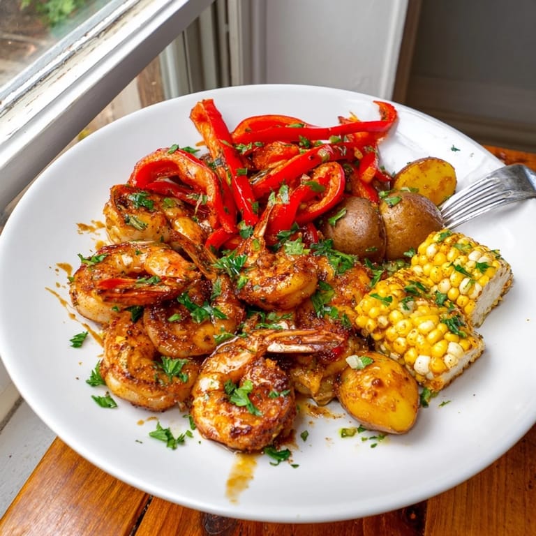 Delicious Cajun shrimp & sweet corn platter served with zesty lemon wedges.