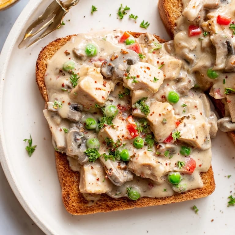 Warm Chicken à la King, a decadent photo of the sauce cascading over buttered toast ready to plate.