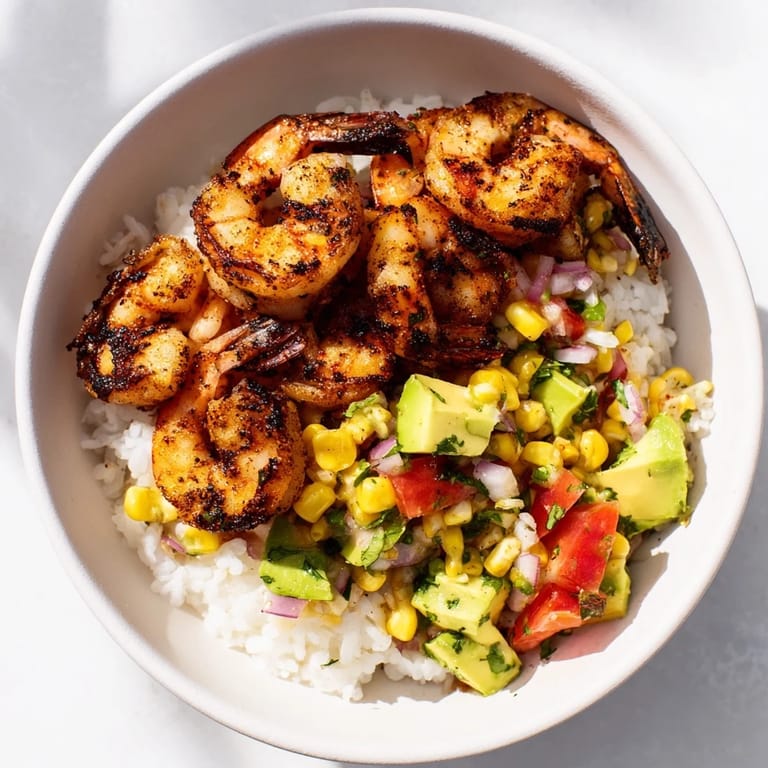 Freshly grilled shrimp resting atop fluffy rice, part of a delightful Easy Grilled Shrimp Bowl with toppings.