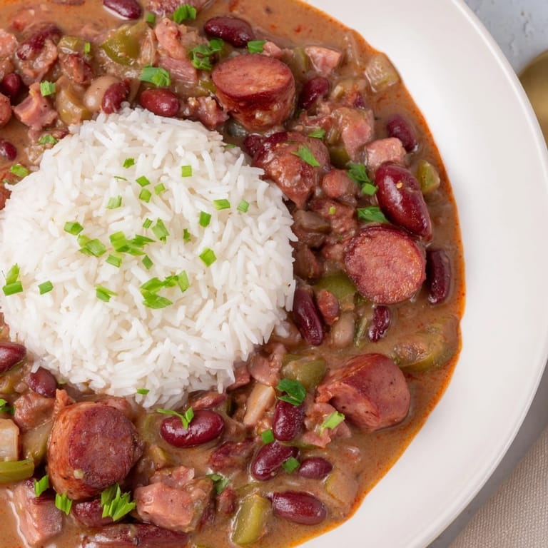 Close-up of creamy Red Beans & Rice; Southern comfort food topped with fresh green onions.