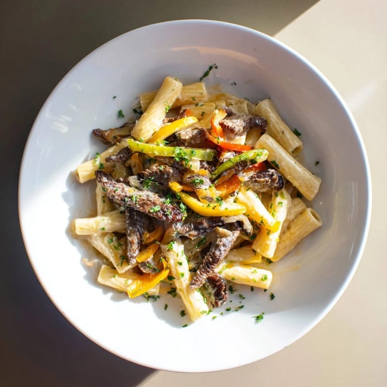 A close-up shot of the savory Philly Cheese Steak Pasta, perfectly plated, ready to eat and enjoy.