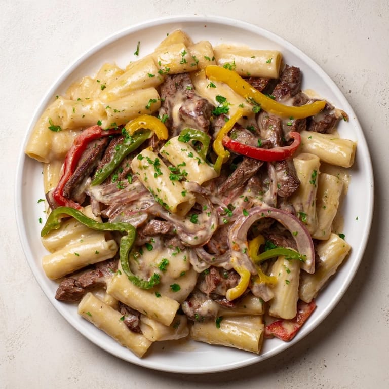This satisfying bowl of Philly Cheese Steak Pasta has tender beef and colorful vegetables, bathed in cheese.