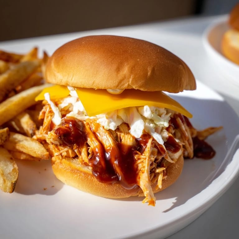 Freshly made BBQ Chicken Sliders, accompanied by a generous portion of perfectly seasoned, golden fries.