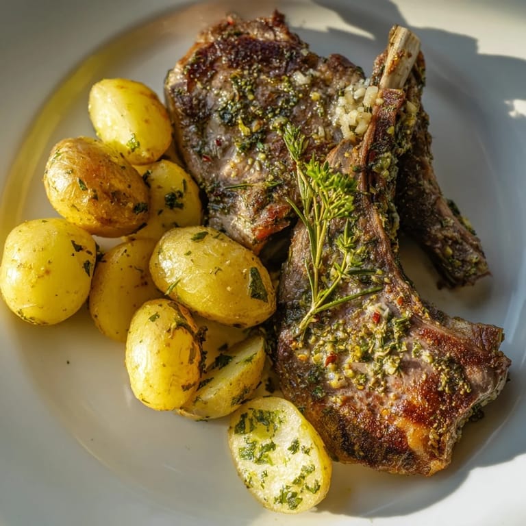 Sizzling Herbed Lamb Chops with crispy potatoes, seasoned with herbs and ready to serve beautifully.
