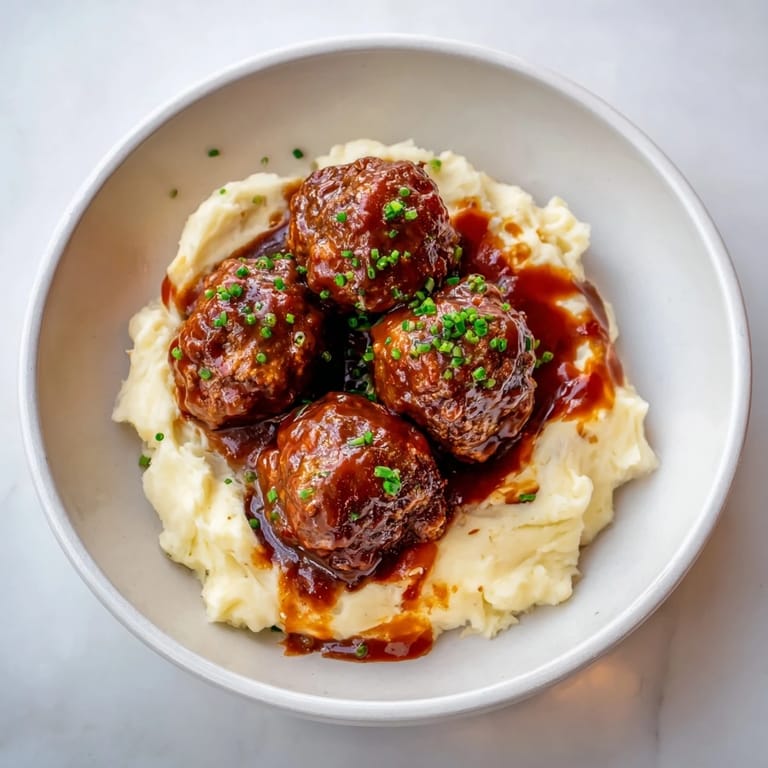 A close-up shot of rich, glossy BBQ Meatballs with creamy mashed potatoes, a comforting classic.
