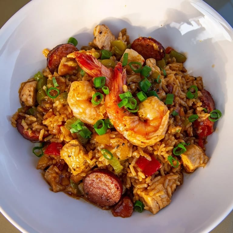 A close-up of a richly seasoned Cajun Jambalaya rice bowl filled with chicken and vegetables.
