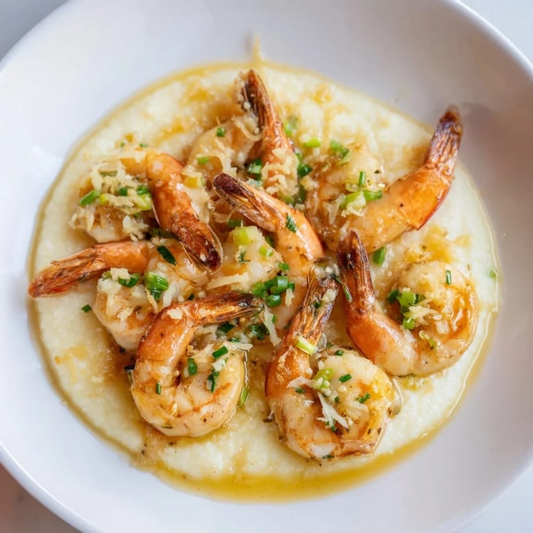 Sizzling plate of shrimp & grits: Large shrimp glistening with garlic butter, served over warm, cheesy grits for dinner.