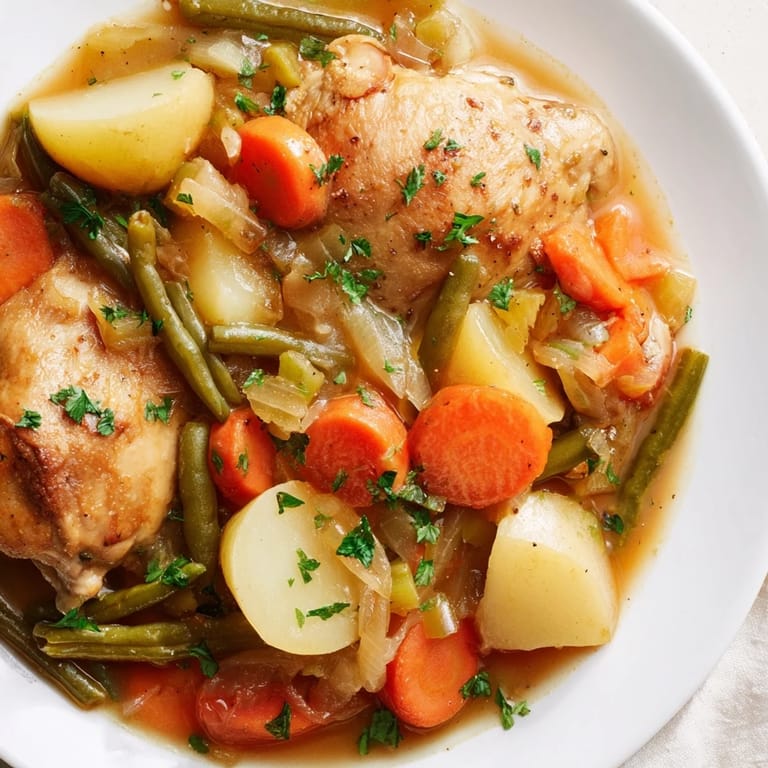 Close-up of hearty Slow-Cooker Chicken & Vegetable Stew, garnished with fresh parsley, ready to serve.