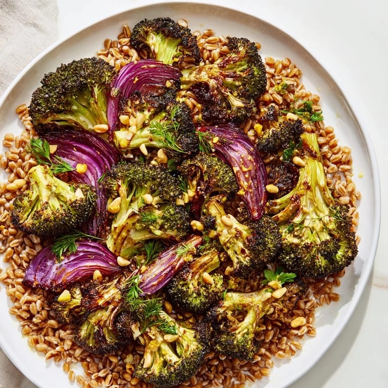 Golden roasted broccoli florets and farro, drizzled with bright garlic-lemon sauce, ready to eat.