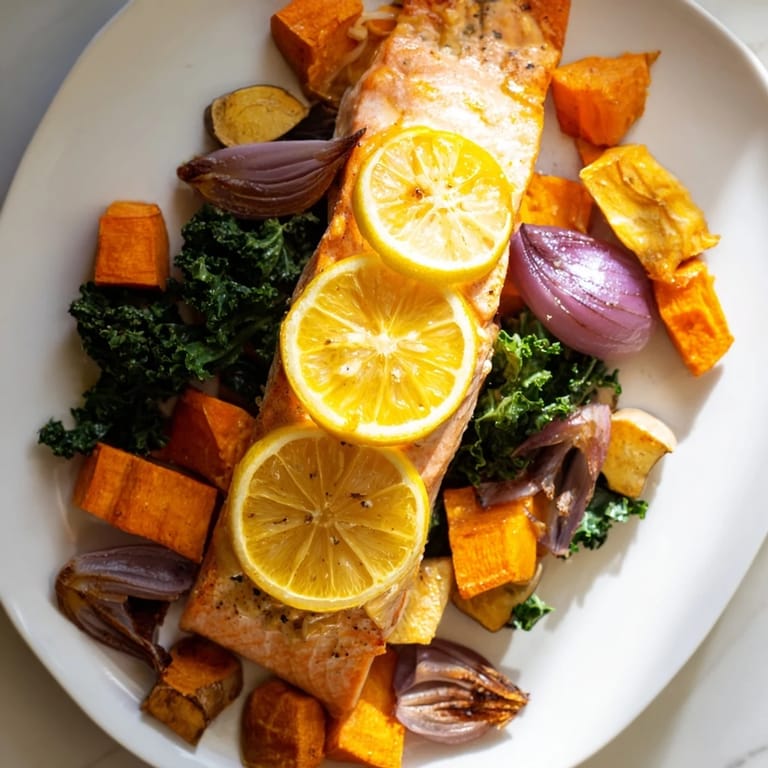 Golden-brown Sheet-Pan Salmon with a mix of tender vegetables for a healthy dinner.