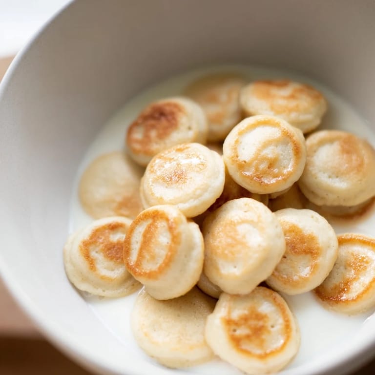 Tiny, delightful pancake cereal, fresh from the skillet, ready to be enjoyed with sweet toppings.