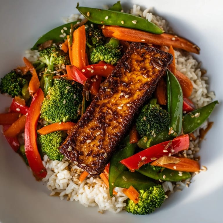 Delicious and easy Pressed Tofu Steaks served with a colorful medley of stir-fried vegetables and fluffy rice.
