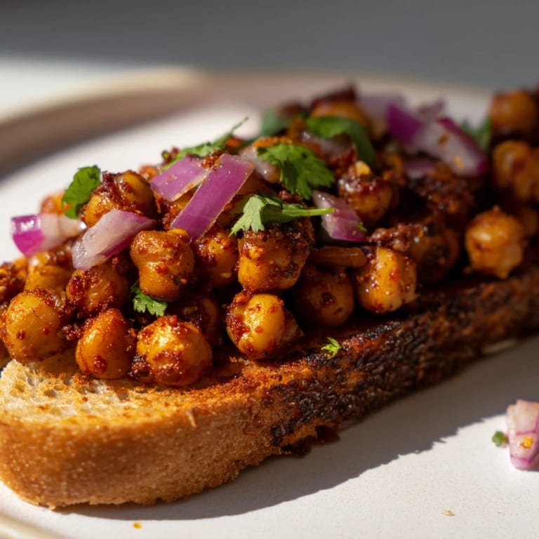 Golden, toasted bread topped with savory BBQ Chickpeas, a satisfying and easy American meal.