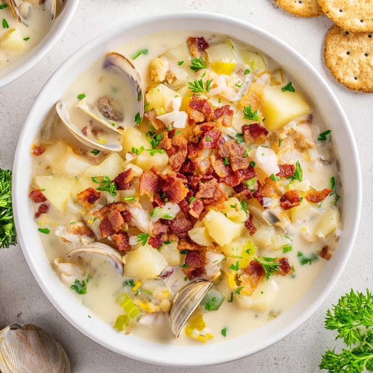 Rich and hearty New England Clam Chowder, perfect for a cozy dinner paired with crusty bread.