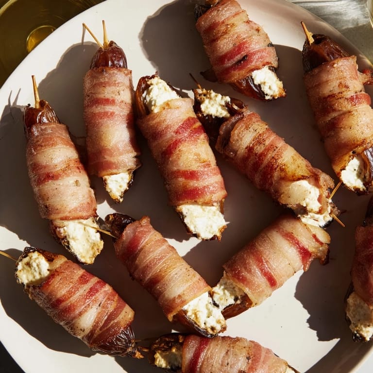 Golden brown bacon-wrapped dates reveal a luscious goat cheese filling, ready to serve and enjoy.