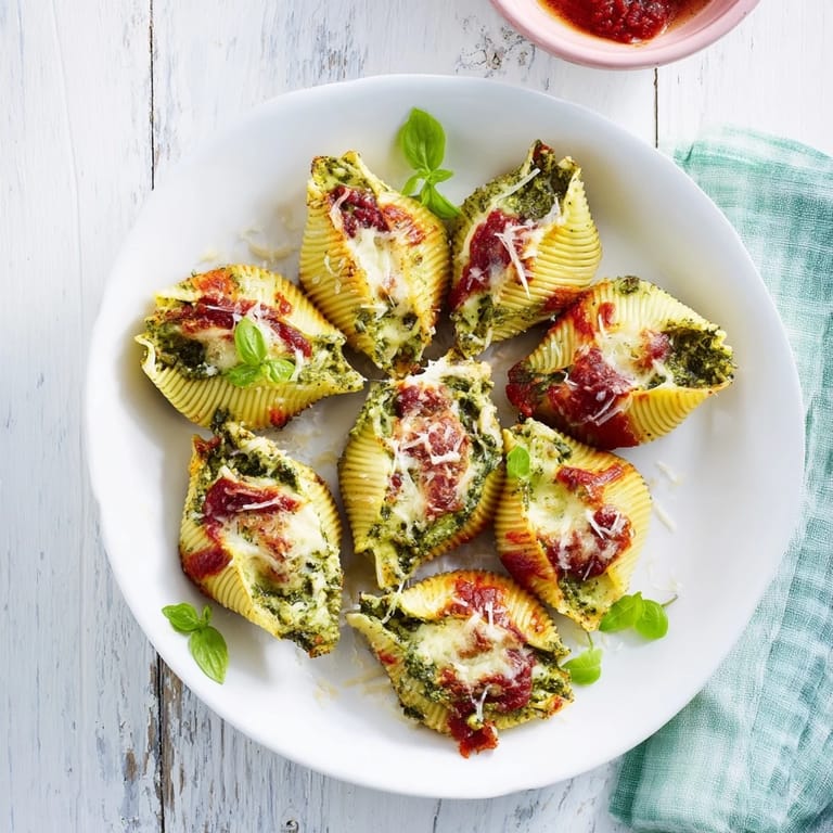 Golden-topped pesto and ricotta stuffed shells, Italian-American comfort food, presented in a baking dish, served warm.