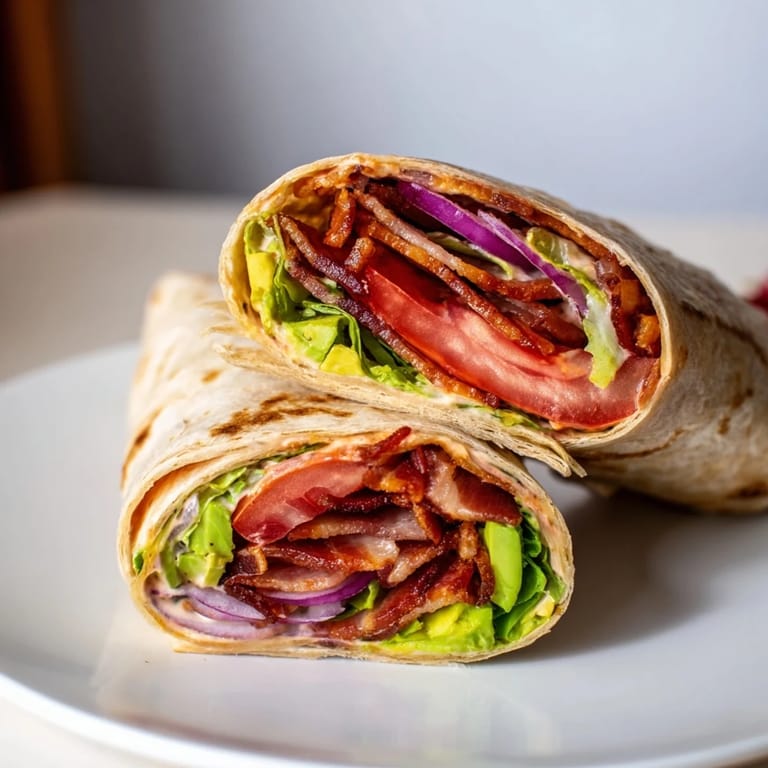 Fresh Zesty BLT Wraps, filled with crispy bacon and vibrant veggies, ready to enjoy with a side.