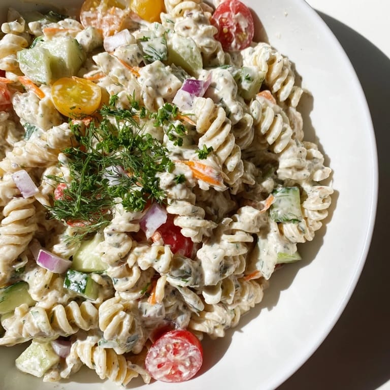 Homemade Vegan Hemp Seed Ranch Pasta Salad, ready to eat, with bright tomatoes and a zesty, dairy-free dressing.