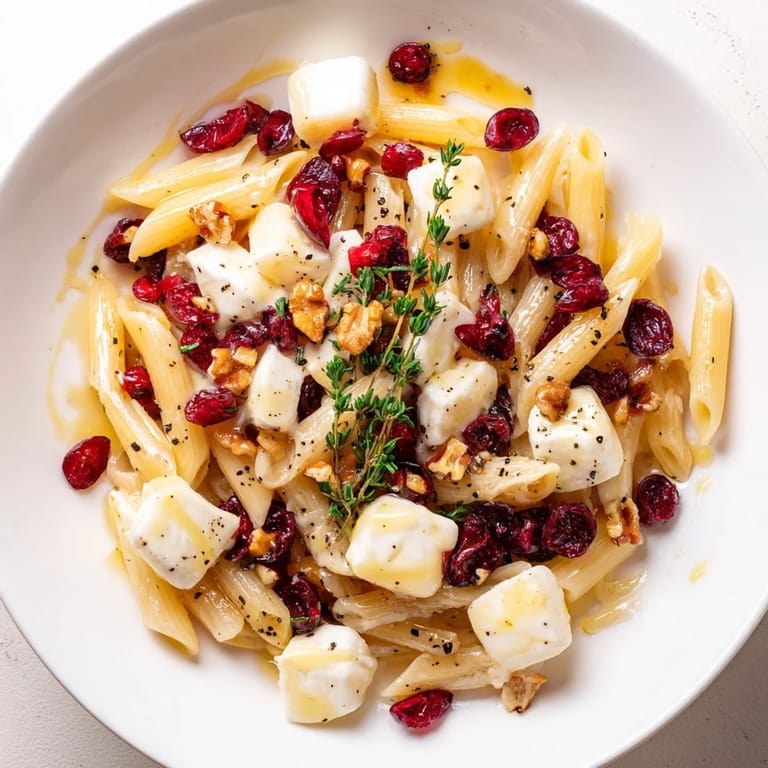 A visually appealing bowl of Baked Brie & Cranberry Pasta with toasted walnuts and fresh parsley.