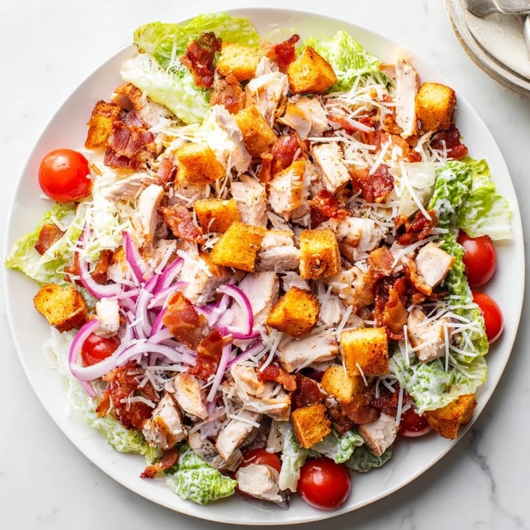 A vibrant photo of a Costco Chicken Bake Salad Bowl showcasing fresh romaine, tomatoes, and savory bacon crumbles.