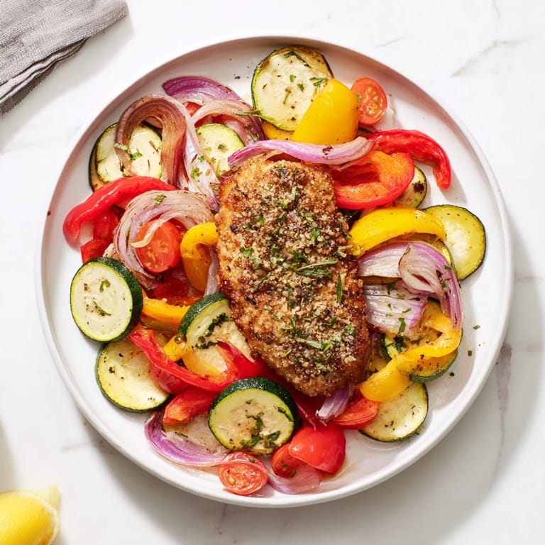 Vibrant image of sheet pan lemon oregano chicken cutlets, perfectly cooked alongside colorful peppers.