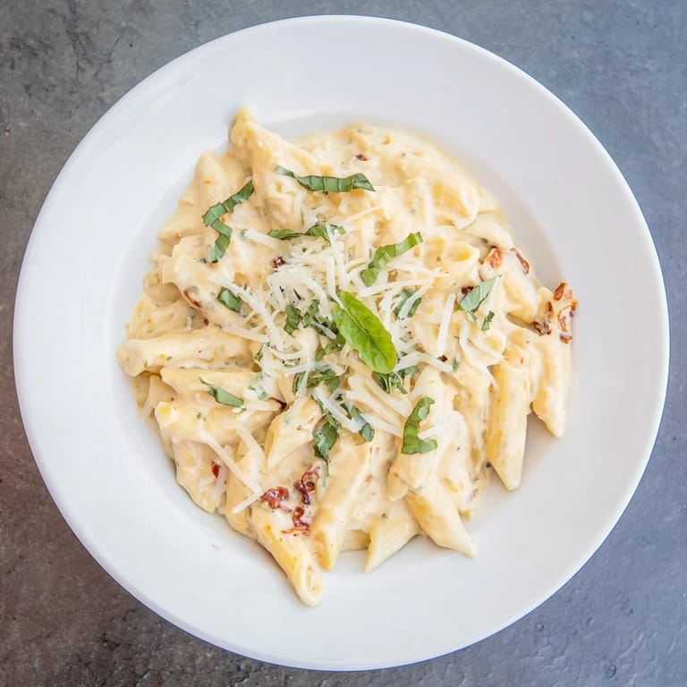 Fresh basil and Parmesan topping a bowl of homemade sun-dried tomato and cottage cheese pasta.