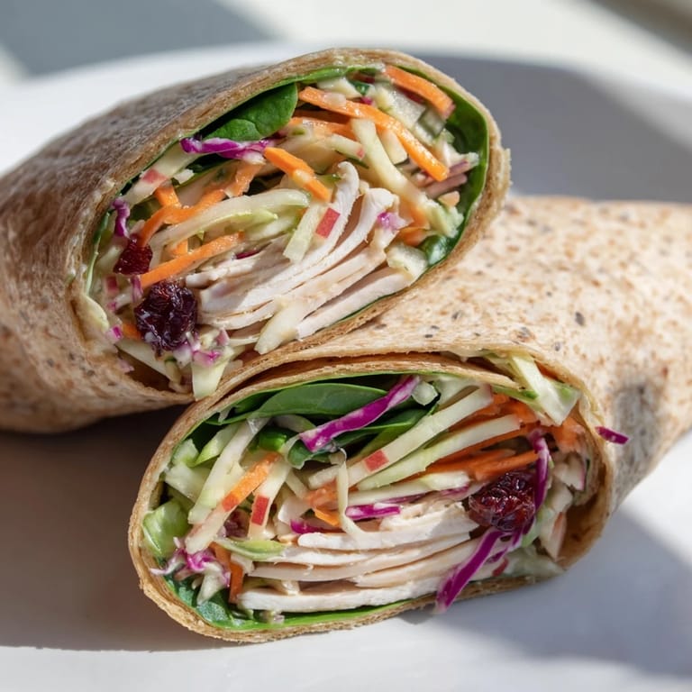 Sliced turkey combined with zesty cranberry apple slaw nestled in a whole wheat wrap, ready to eat.