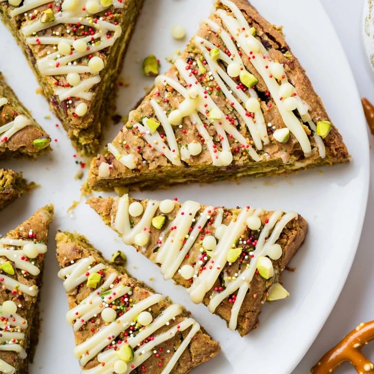 Earthy green Matcha Pistachio Christmas Tree Blondie Bars, offering a delightful blend of chewy texture and nutty flavor, ready to serve.