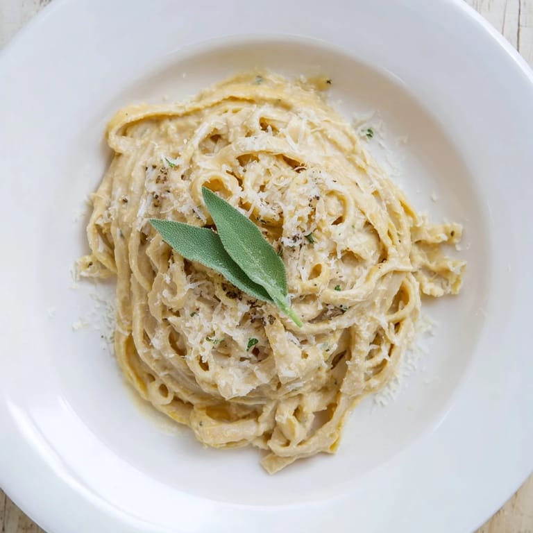 Vibrant orange Healthy Creamy Pumpkin Sage Pasta sauce coats the whole wheat fettuccine, delicious and savory.