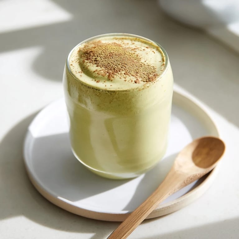 A two-toned Matcha Eggnog Collagen Breakfast Smoothie, ready to serve, is blended with ice until perfectly smooth.