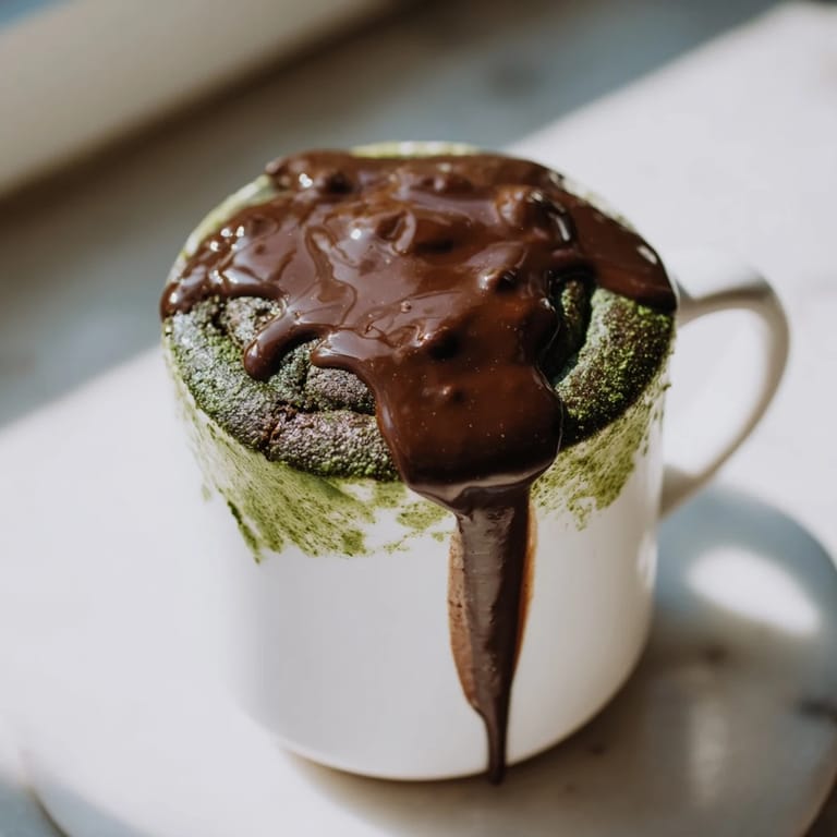 Fudgy, microwave-made Matcha Peppermint Brownie Batter Mug Cake, perfect for satisfying your sweet tooth any time.
