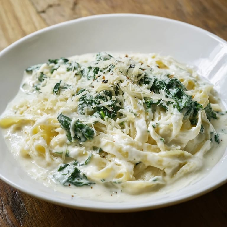 Tender fettuccine coated in creamy Greek Yogurt Spinach Alfredo Pasta, ready for a delicious meal.