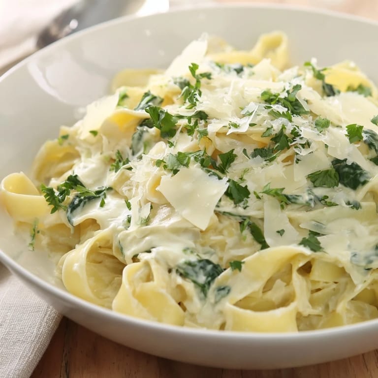 A steaming bowl of Creamy Greek Yogurt Spinach Alfredo Pasta, garnished with fresh parsley and pepper.