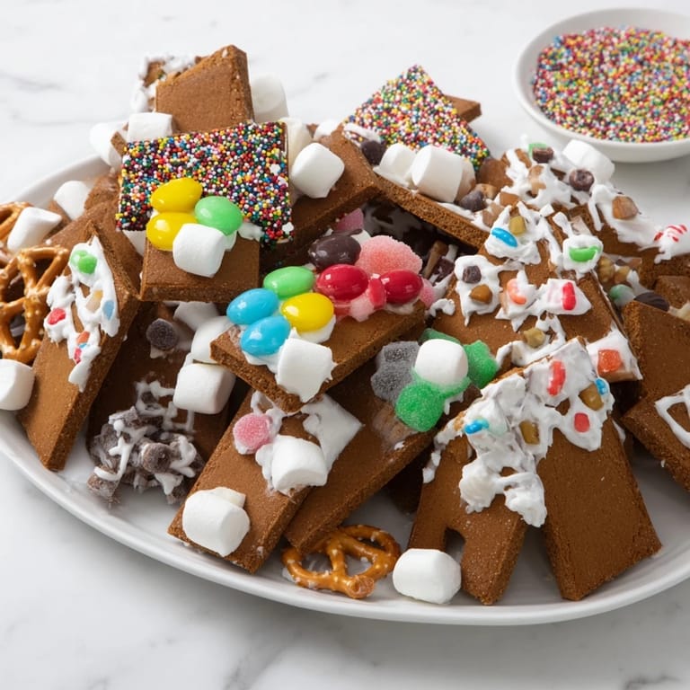 Imagine a charming Gingerbread House Board, ready for assembly, featuring various candies and gingerbread elements to create.