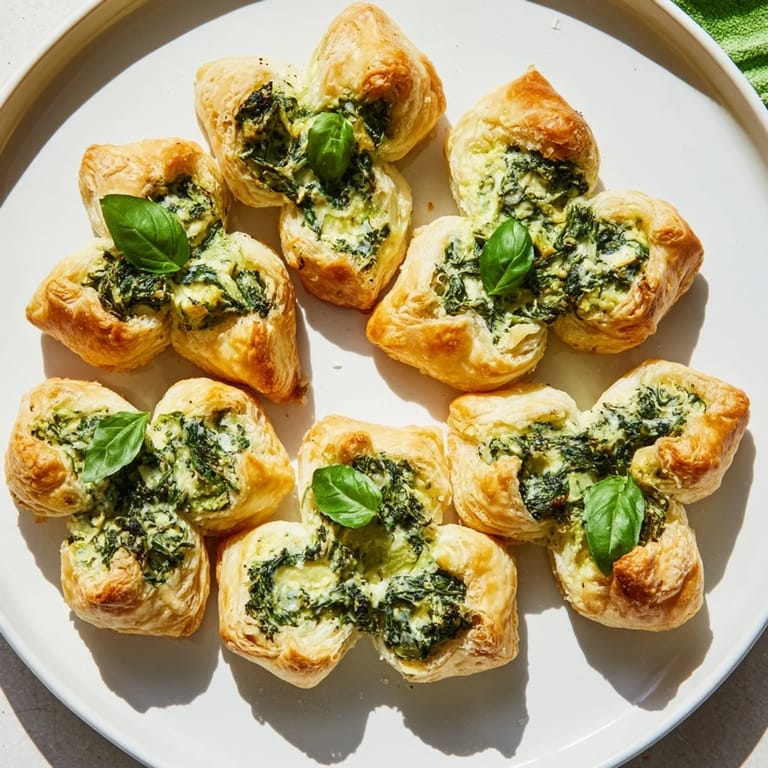 Close-up of savory Lucky Clover St. Patrick's Day Bites, displaying a golden, puffed pastry crust.