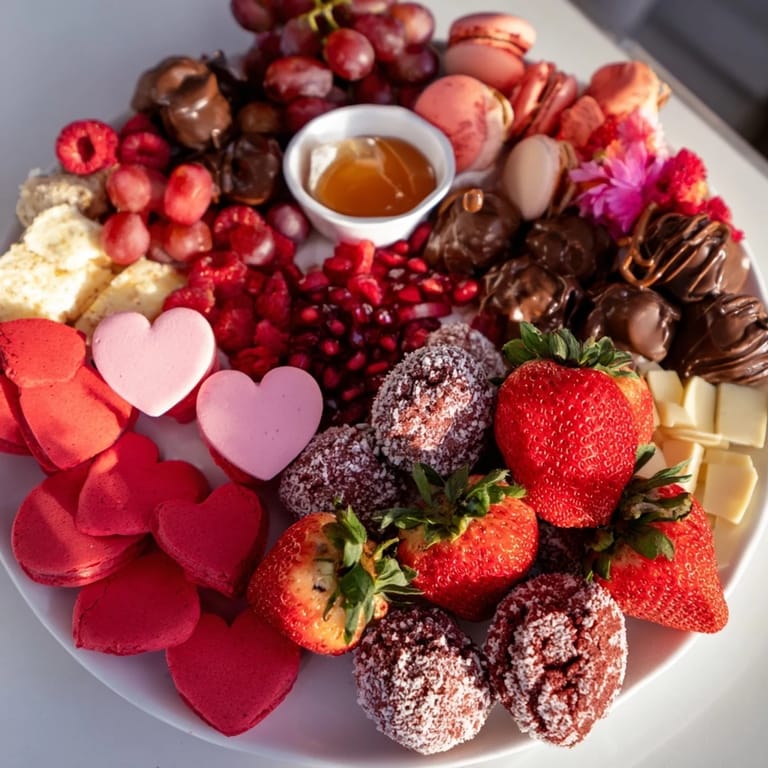 A vibrant Sweetheart Valentines Day Board showcases chocolate-covered strawberries, macarons, and brie, ready to serve.