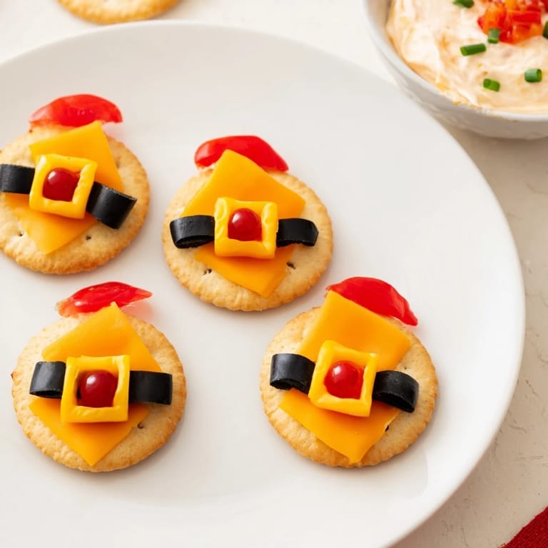 Vibrant platter of Santas Belt Crackers & Dip, featuring a creamy dip, perfect for a Christmas party.