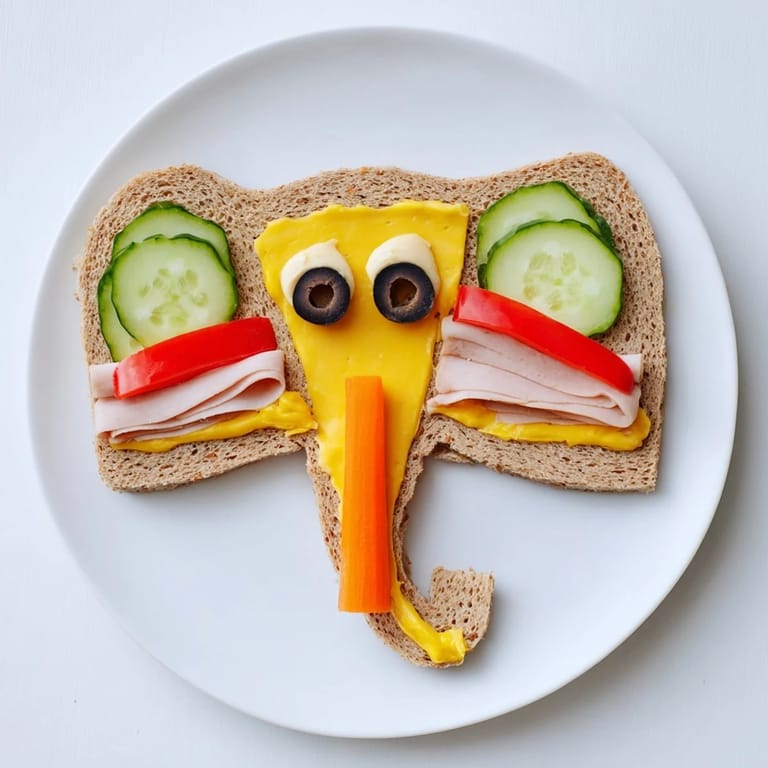 Close-up shot: these charming Big Top Elephant Sandwiches showcase turkey, cheese, and festive carrot trunks.
