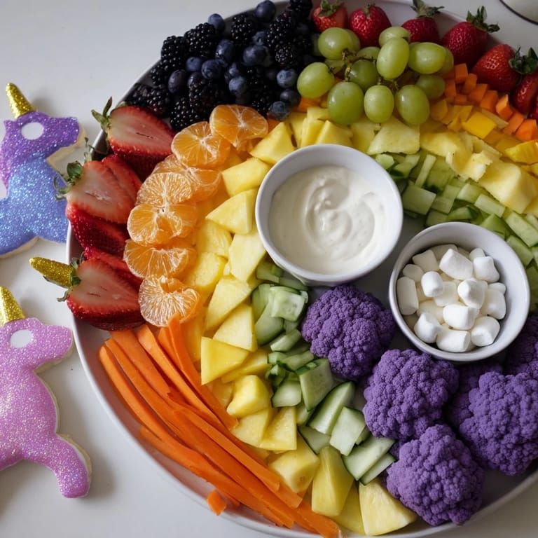 A delicious Magical Unicorn Rainbow Snack Board: fresh fruits, veggies, and cute treats create a joyful party platter.