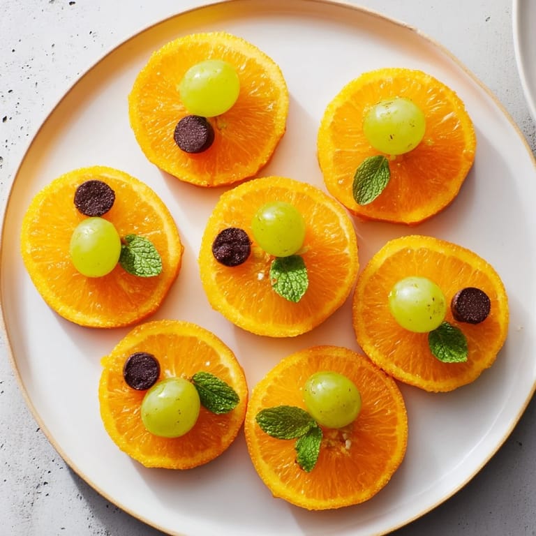 Freshly prepared pumpkin patch orange slices, decorated with grapes and mint for a festive treat.