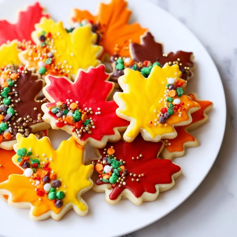 Vibrant arrangement: freshly baked maple leaf cookies with colorful icing, perfect for autumn.