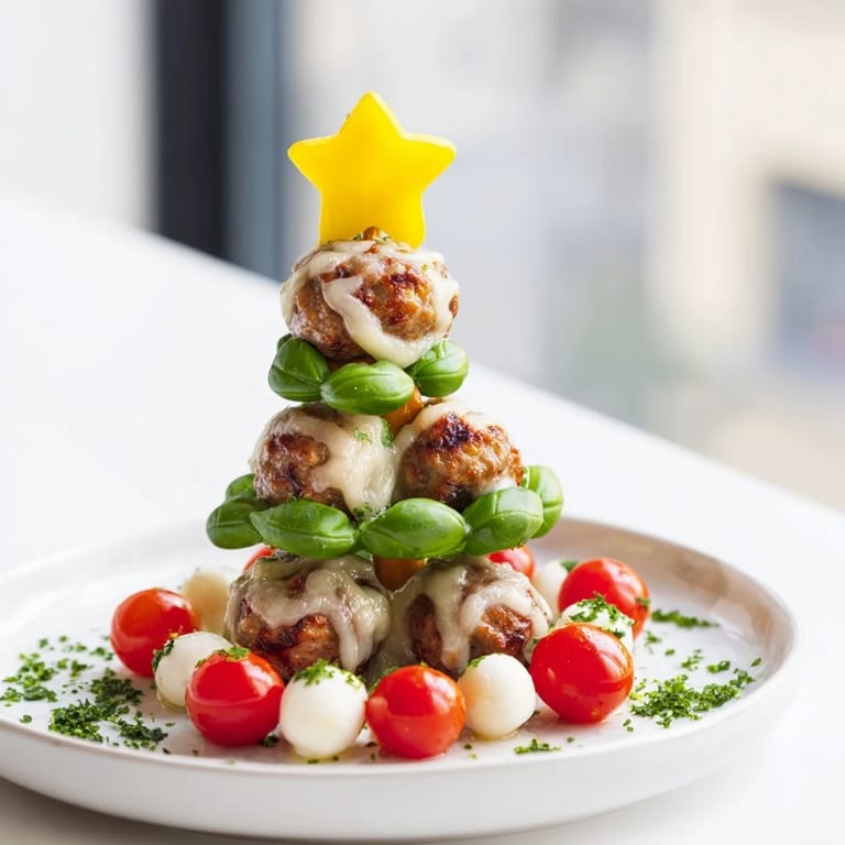 Warm, golden mini meatball Christmas trees ready to enjoy as a flavorful party appetizer.