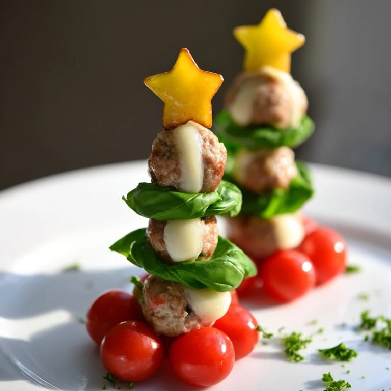 Bright red cherry tomatoes and cheesy mozzarella adorn these adorable, festive mini meatball Christmas trees.